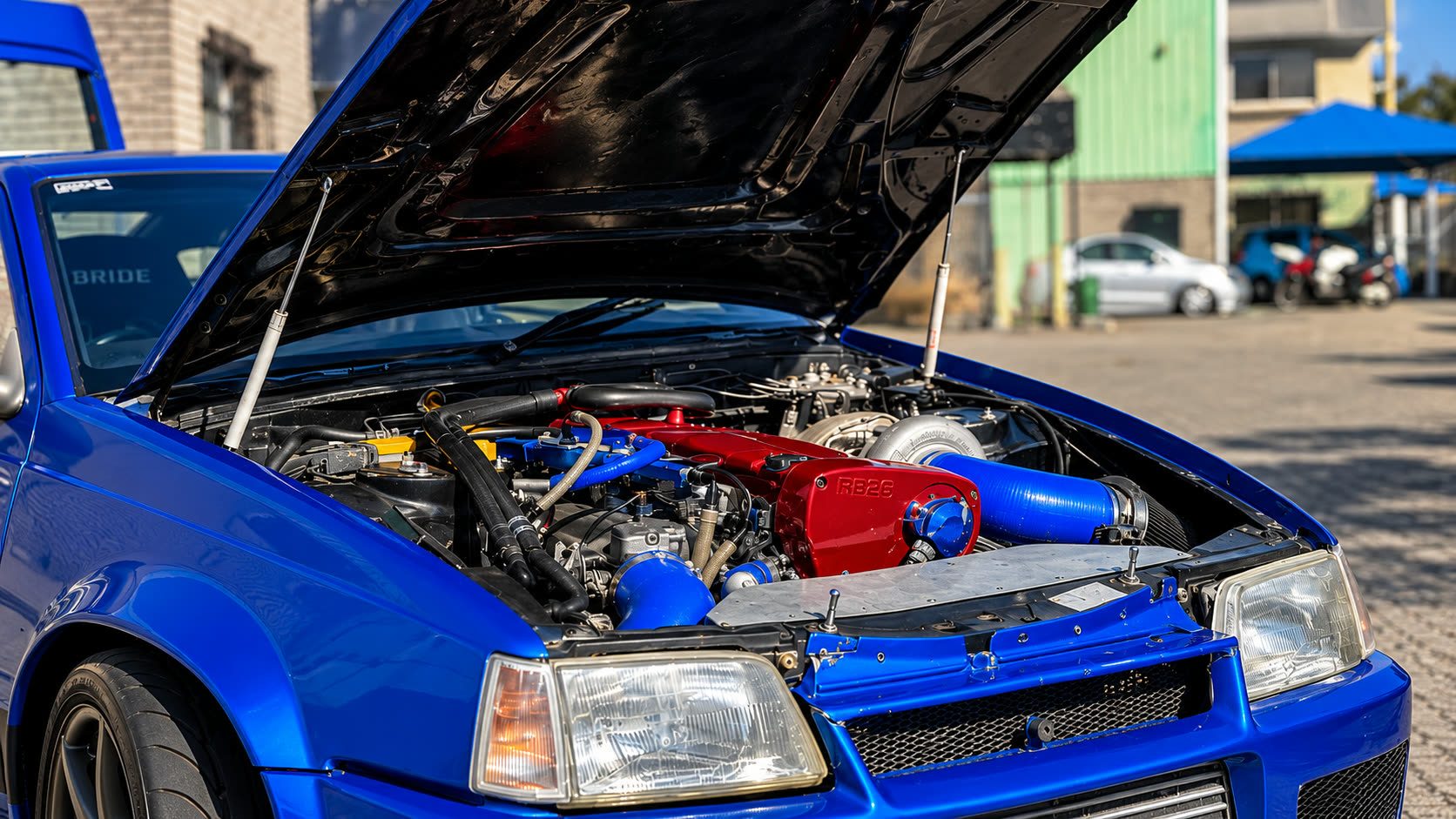 RB26 engine conversion in a blue Opel Kadett